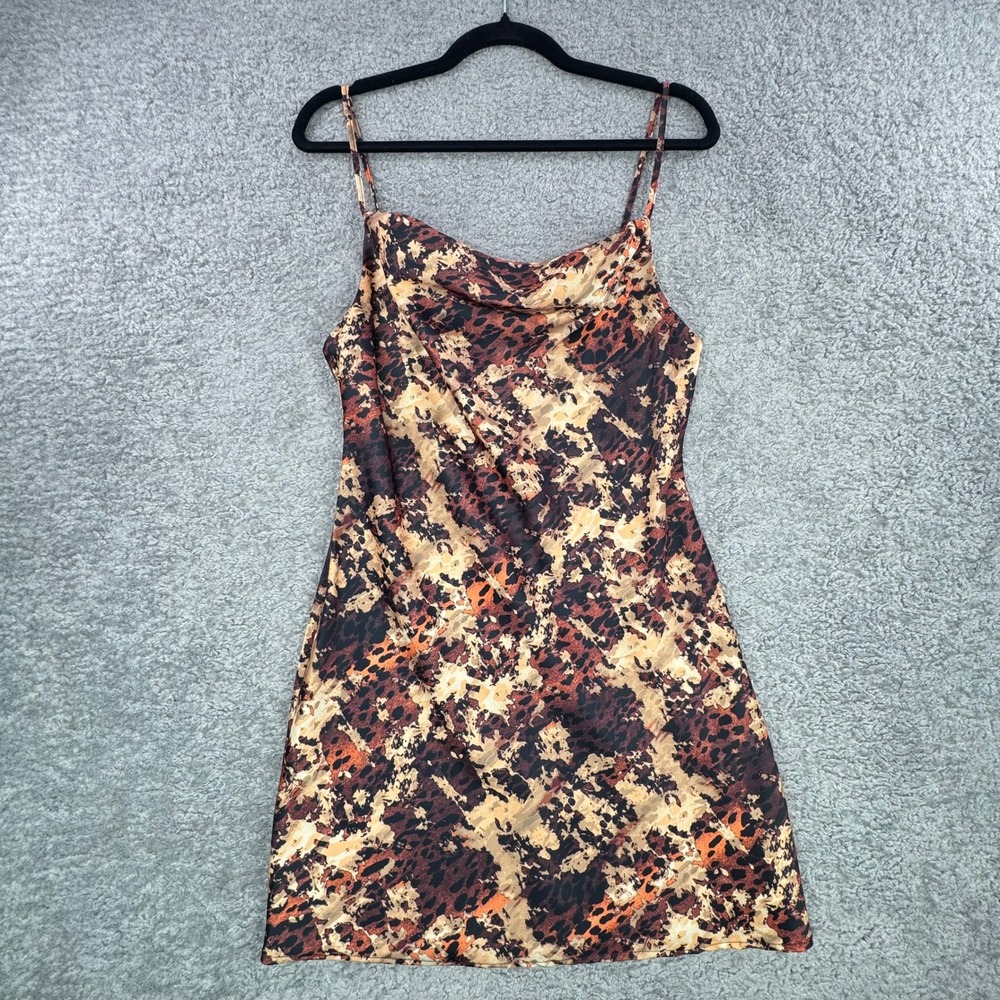 Urban‎ Outfitters Bronze Mallory Animal Print Cowl Neck Satin Mini Dress Med NEW